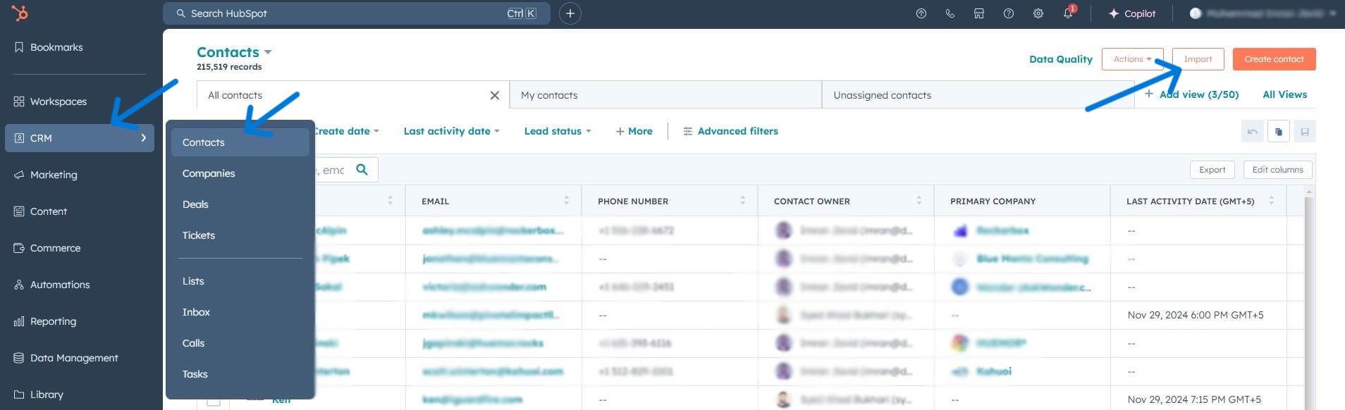 importing contacts in hubspot